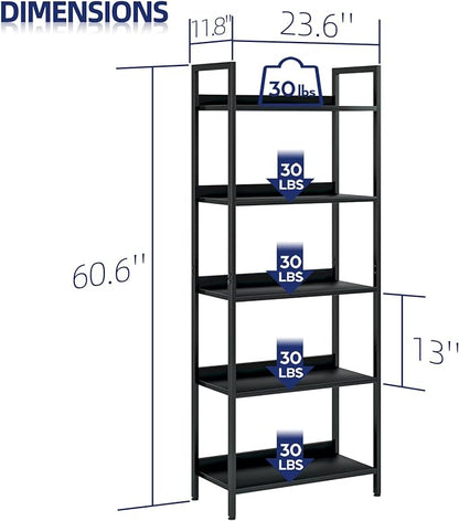 NUMENN Bookshelf, 5 Tier Bookshelves, Home Office Bookcase Shelf Storage Organizer, Free Standing Storage Shelving Unit for Bedroom, Living Room and Home Office, Black