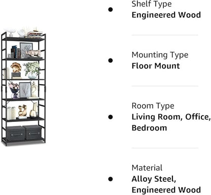 NUMENN 6 Tier Bookshelf, Tall Bookcase Shelf Storage Organizer, Modern Book Shelf for Bedroom, Living Room and Home Office, Black