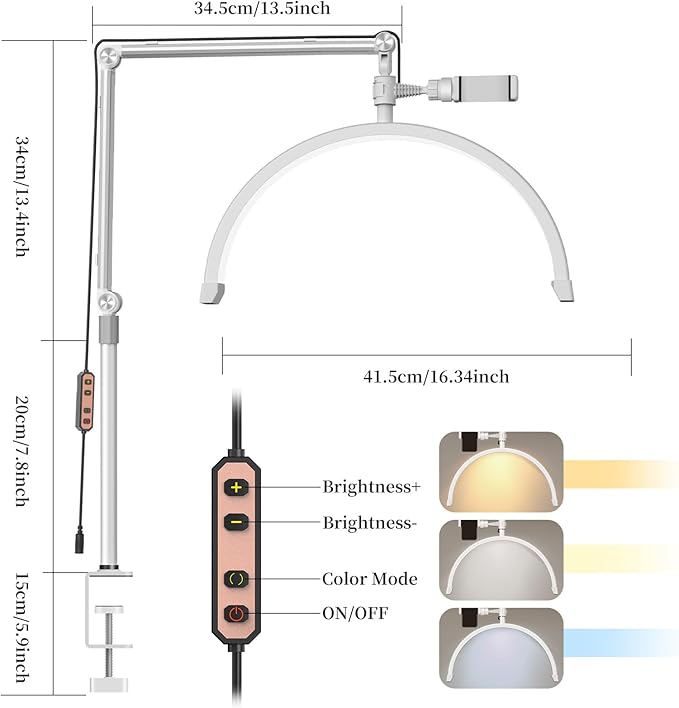 Half Moon Lash Light for Eyelash Extensions, Half Moon Lash Lamp with Phone Holder for Makeup, Nail, Facial, Tattoo - Dimmable Eyelash Lamp & Color Temperature 3000K-6000K
