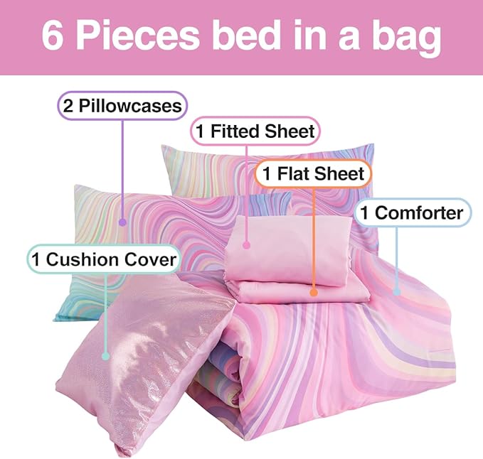 Btargot Super Soft 6 Pieces Gradient Wavy Line Comforter Set, Colorful Glitter Rainbow Star Pattern Bedding Set for Boys Girls Teens, Queen Pink Green