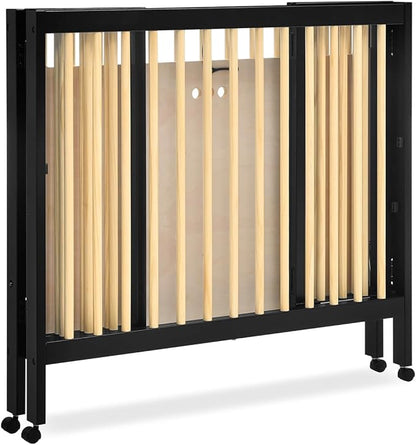 Delta Children Mia Portable Folding Mini Crib with 1.5-Inch Mattress - Greenguard Gold Certified, Ebony Black/Natural
