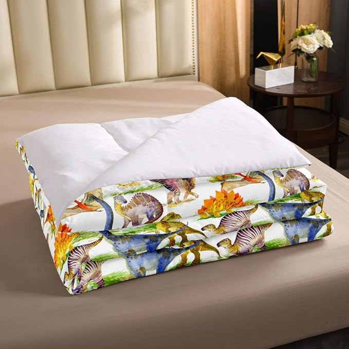Erosebridal Dinosaur Comforter Set Kawaii Dino Bedding Set for Kids Girls Boys Teens Bedroom Decor, Retro Animal Duvet Insert Watercolor Wildlife Soft Microfiber Quilt with 2 Pillow Cases, King