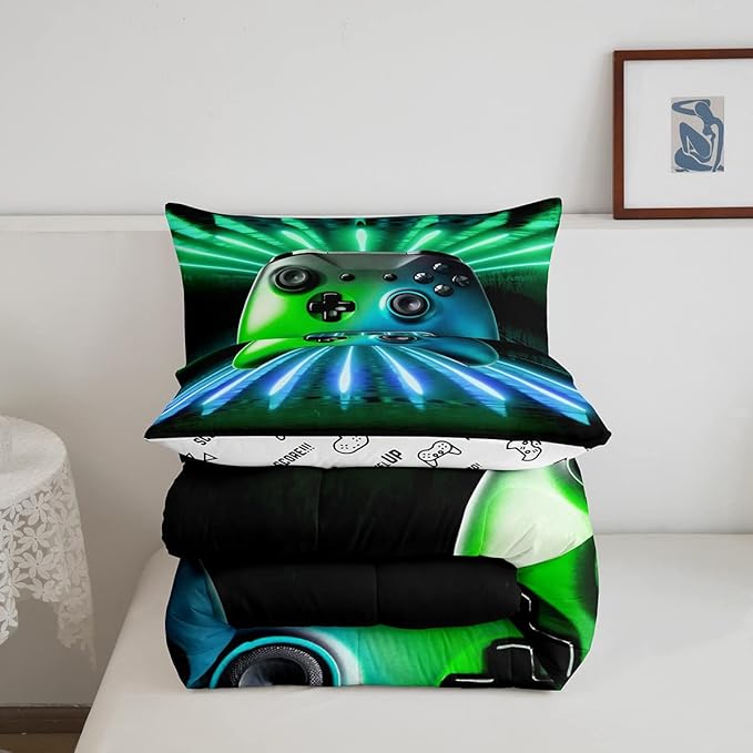 Erosebridal Green Blue Gamepad Comforter Set, Game Player Bedding Set Full Size Modern Gamer Gaming Quilted Duvet Neon Trippy Duvet Set for Kids Boys Girls Teens Young Man Room Decorative