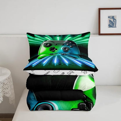 Erosebridal Green Blue Gamepad Comforter Set, Game Player Bedding Set Full Size Modern Gamer Gaming Quilted Duvet Neon Trippy Duvet Set for Kids Boys Girls Teens Young Man Room Decorative
