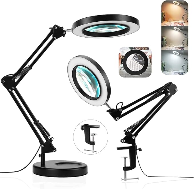 Magnifying Glass with Light and Stand - 2-in-1 Stepless Dimmable LED Magnifying Desk Lamp with Clamp - 3 Color Modes Lighted Magnifier Lens Swivel Arm Light for Reading, Craft, Close Works