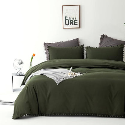 Army Green Comforter Full Dark Green Pom Green Comforter 3 PCs Soft Olive Green Boho Ball Pom Fringe Full Comforter Bedding Set Women Solid Dark Green Full Bed Comforter All Season