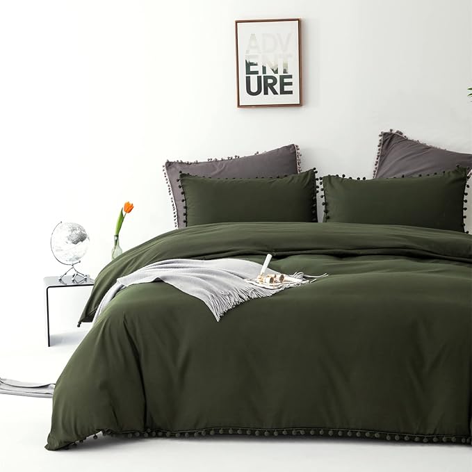 Army Green Comforter Cal King Dark Green Pom Green Comforter 3 PCs Soft Olive Green Boho Ball Pom Fringe California King Comforter Bedding Set Women Solid Dark Green Bed Comforter All Season