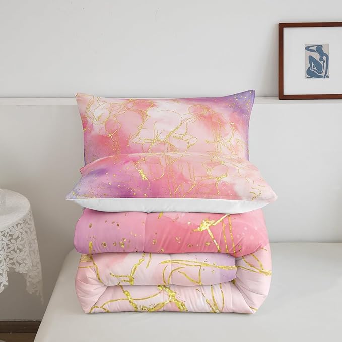 Pink Marble Comforter Set Twin for Girls, Gold Giltter Bronzing Bedding Marble Decor Tie Dye Marbling Bedding Comforter Sets for Kids Teens Women, Tie Dye Fluid Abstract Quilt with 1 Pillowcase