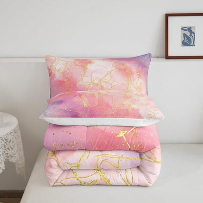 Pink Marble Comforter Set Twin for Girls, Gold Giltter Bronzing Bedding Marble Decor Tie Dye Marbling Bedding Comforter Sets for Kids Teens Women, Tie Dye Fluid Abstract Quilt with 1 Pillowcase
