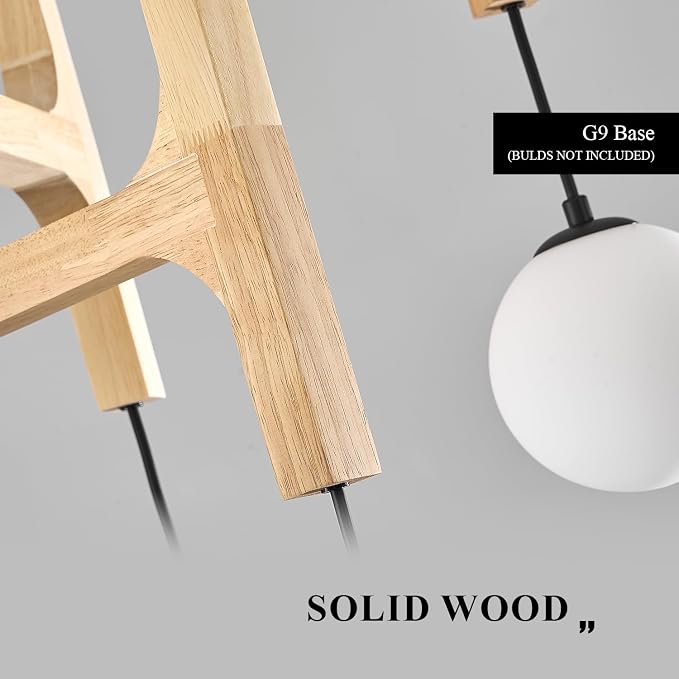 Wooden Chandeliers L28 '' Natural Farmhouse 6-Light Milk Glass Pendant Light Rustic Mid Century Long Hanging Lighting for Living Dining Room Entryway Foyer Bedroom Kitchen,G9