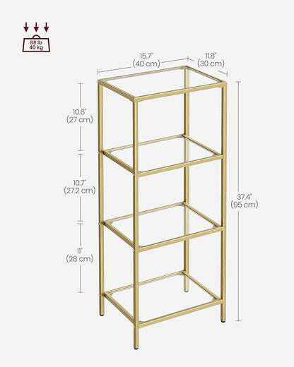 VASAGLE Bookcase, 4-Tier Bookshelf, Slim Shelving Unit for Bedroom, Bathroom, Home Office, Tempered Glass, Steel Frame, Metallic Gold ULGT28G