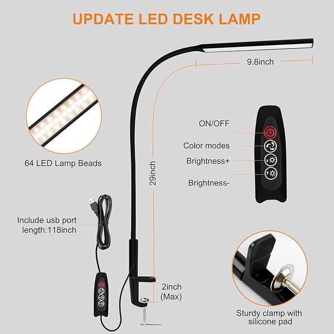 LED Desk Lamp, Swing Arm Table Lamp with Clamp, Flexible Gooseneck Task Lamp, Eye-Caring Architect Desk Light, 3 Modes 10 Brightness Levels, Memory Function Desk Lamps for Home Office, 12W