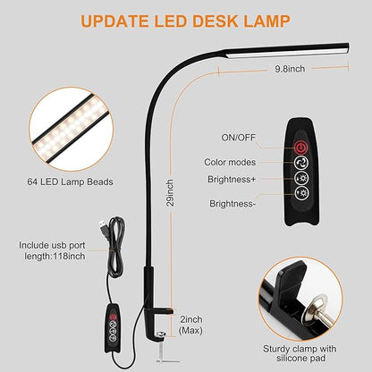 LED Desk Lamp, Swing Arm Table Lamp with Clamp, Flexible Gooseneck Task Lamp, Eye-Caring Architect Desk Light, 3 Modes 10 Brightness Levels, Memory Function Desk Lamps for Home Office, 12W