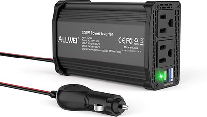 ALLWEI 300W Power Inverter 12V DC to 110V AC Car Plug Adapter Outlet Converter with 27W PD USB-C &18W USB-A Fast Charger, Car Cigarette Lighter Adapter for Laptop Tablets Phones - Portable - Black