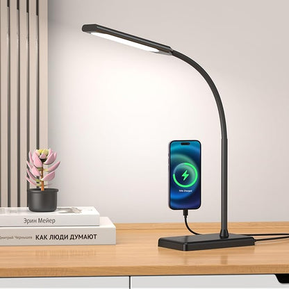 KEXIN LED Desk Lamp Touch Control Desk Lamp with USB Charging Port 5 Color Modes 6 Brightness Levels Dimmable Eye-caring Office Lamp with Memory Function 1h Timer Adjustable Gooseneck Table Lamp Black