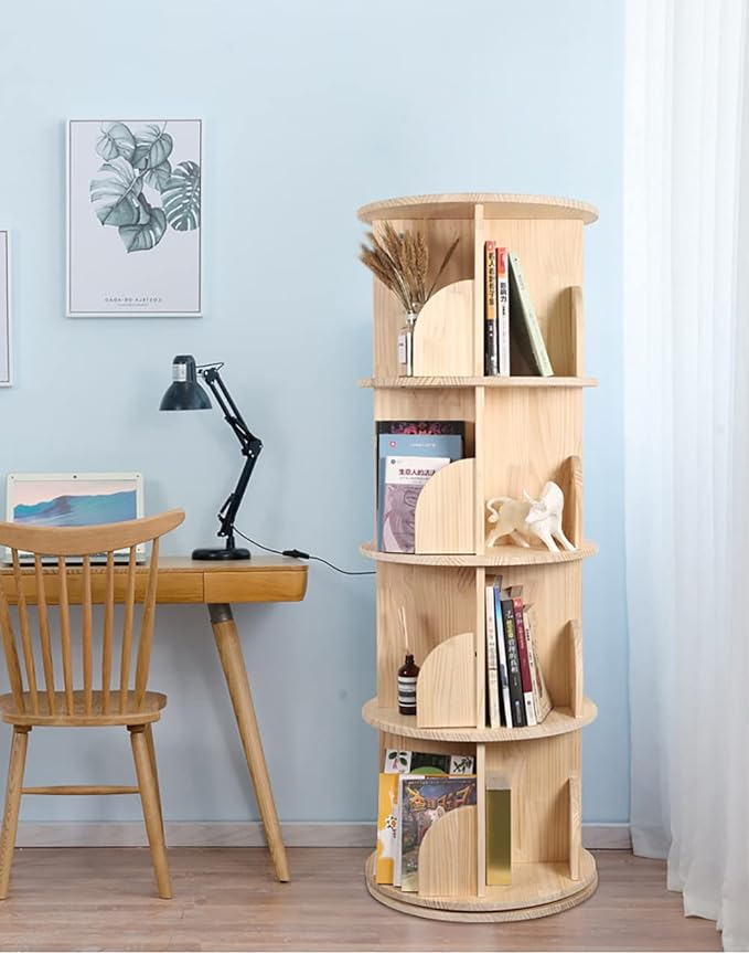 Rotating Bookshelf 360 Degrees, 4 Tier Stackable Solid Wood Bookshelf Organizer, Storage Display Rack Floor Standing Bookcase for Kids&Adults (51"x18"x18")…