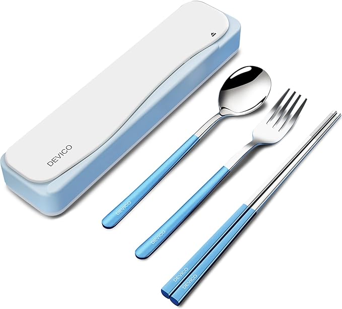 DEVICO Travel Utensils, 18/8 Stainless Steel 4pcs Cutlery Set Portable Camp Reusable Flatware Silverware, Include Fork Spoon Chopsticks with Case (Blue)