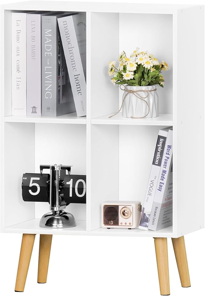 YAHARBO Small 4 Cube White Bookshelf,3 Tier Modern Kids Bookcase with Legs, Wooden Bookshelves Storage Shelf,Book Shelves Organizer,Display Bookcases Cabinet for Room Nursery Study