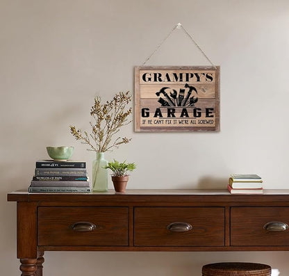 Rustic Sign, Father's Day Gift, Dad's Gift, Grandpa's Gift, Decor Hanging Wood Signs, Printed Wood Wall Art Sign, Grampy's Garage, If He Can't Fix It We're All Screwed, Vintage Sign Gift for Grandpa