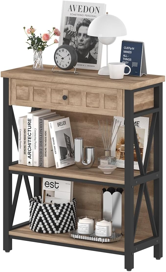 FATORRI Rustic Bookshelf with Drawer, Industrial Wood and Metal Bookcase, Small Book Shelf and Low Book case for Small Space (Rustic Oak)