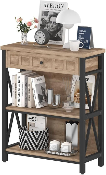 FATORRI Rustic Bookshelf with Drawer, Industrial Wood and Metal Bookcase, Small Book Shelf and Low Book case for Small Space (Rustic Oak)