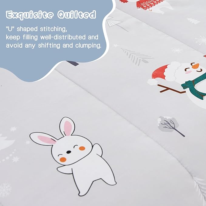 Kids Christmas Comforter Set Full for Boys Girls, Cute Reversible Quilted Bear Snowmen Reindeer Bunny Printed Bedding Set with Pillow Sham, Lightweight Soft Breathable Washable Bed Set 3 Piece