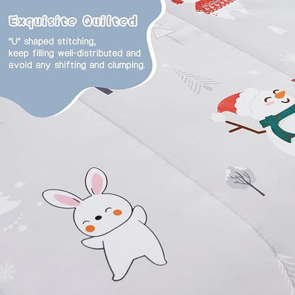 Kids Christmas Comforter Set Twin for Boys Girls, Cute Reversible Quilted Bear Snowmen Reindeer Bunny Printed Bedding Set with Pillow Sham, Lightweight Soft Breathable Washable Bed Set 2 Piece