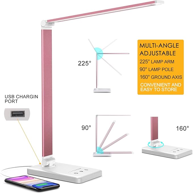 Led Desk Lamp, Desk Lamp with USB Charging Port, 5 Color Modes, 10 Brightness, Natural Light, Eye Caring Reading Lamp, Desk Light for Home Office, Table Lamp, Touch Control, Auto-Timer, Pink