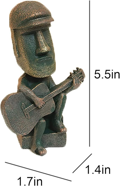 Moai Statue Decor - 6 Inch Easter Island Oranment Resin Stone Decoration for Room Accessories Antique Sculpture for Office Desktop (Play The Guitar)