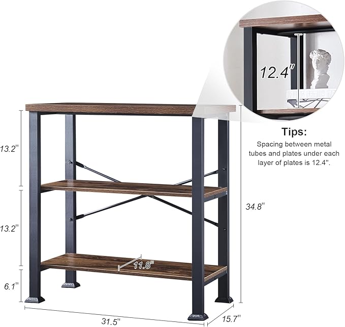 HOMBAZAAR Bookshelf, 3-Tier Vintage Industrial Book Shelf, Rustic Wood and Metal Bookcase and Bookshelves, Free Standing Storage Small Bookshelf for Living Room, Bedroom and Kitchen, Brown