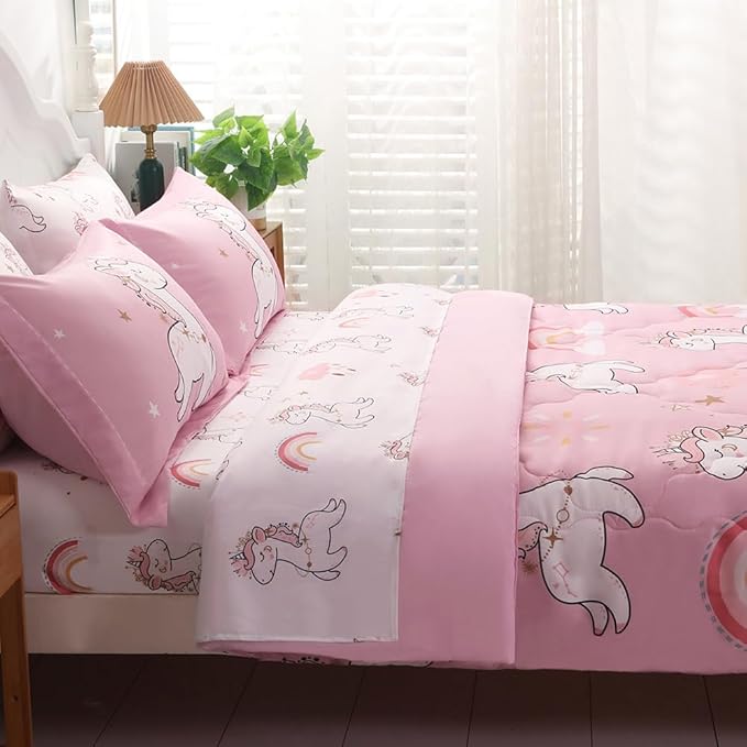 Wajade Kids Pink Unicorn Comforter Set Bed in A Bag Queen Size 7 Piece Cute Unicorn Rainbow Clouds Bedding Set for Girls (1 Comforter, 1 Flat Sheet, 1 Fitted Sheet, 2 Pillowcase and 2 Pillow Sham)