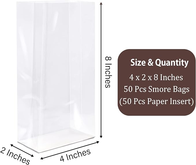 Morepack Gusseted Flat Bottom Cellophane Bags 4x2x8 In 50Pcs | Smore Bags with Paper Insert