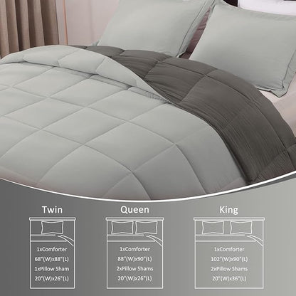 Basic Beyond Queen Comforter Set - Fluffy Comforter Queen Set for All Seasons - Reversible Dark Grey Comforter Set for Mens - 3 Pieces (1 Comforter + 2 Pillow Shams) - Dark Gray/Grey