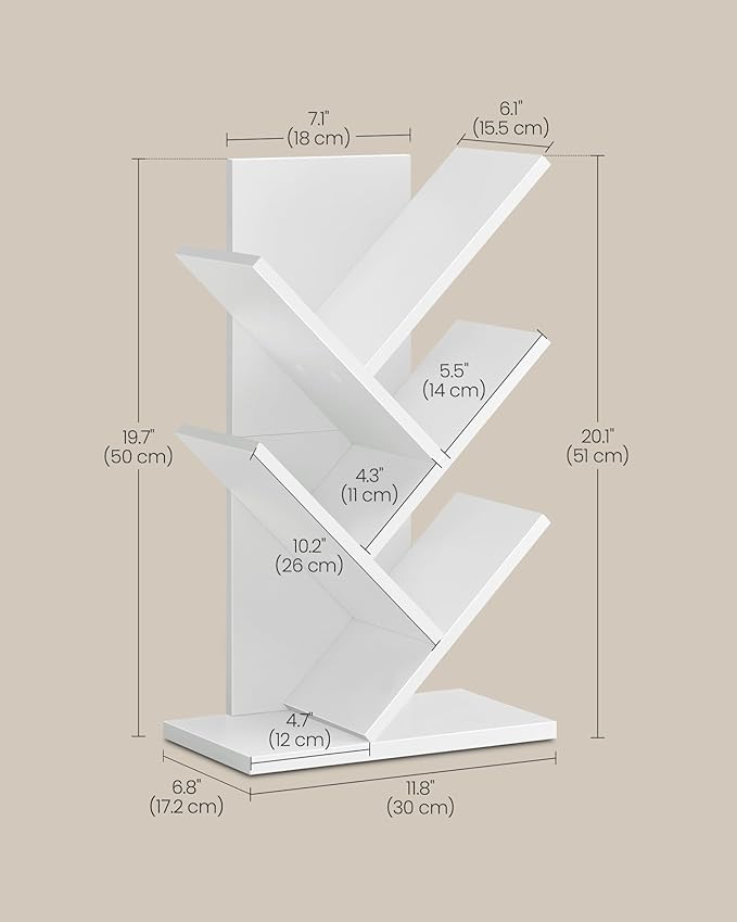 VASAGLE Tree Bookshelf, 5-Tier Bookcase, Small Bookshelf, Space-Saving Corner Shelf, Book Tree, Holds Books, CDs, Games, for Bedroom, Living Room, Home Office, Cloud White ULBC183T14