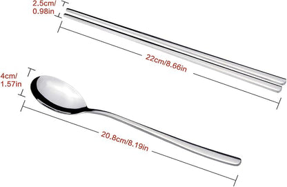 IQCWOOD Spoons and Chopsticks Set, 5 Pairs Stainless Steel Flat Chopsticks, 5 Set Korean Spoons, Metal Reusable Chop Sticks Dishwasher Safe for Home, Kitchen or Restaurant