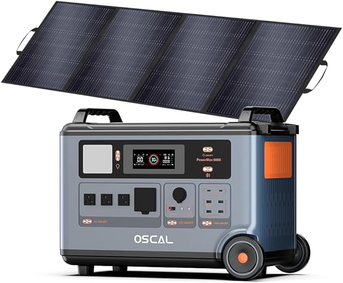OSCAL PowerMax 6000 Solar Generator, 3600Wh/6000W Power Station with 200W Solar Panels, 120V/240V Split Phase Voltage AC Outlets (9000W Peak), 2400W Solar Charging,Emergency for Home,Battery Backup