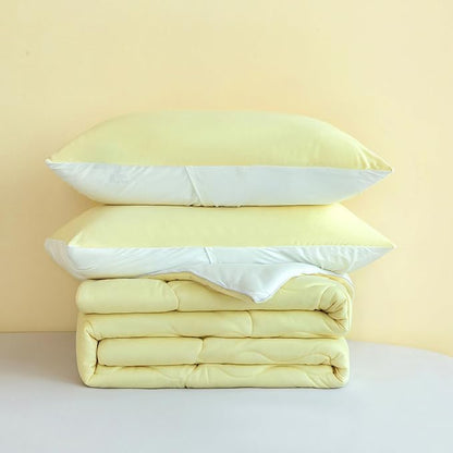 COTTEBED Reversible Queen Sized Bedding Comforter Sets - Cute Jersey Knit T-Shirt Feel Dual-Sided Full Down Comforters - Ultra-Soft Lightweight Quilt & 2 Pillow Shams All Season Use (Yellow and White)