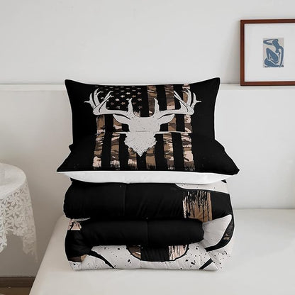Erosebridal American Flag Bedding Full, Hunting Deer Theme Comforter Set for Kids Boys Youth Adults, Geometric Camo Stripes Bedding Comforter Sets Bedroom Decor with 2 Pillowcases
