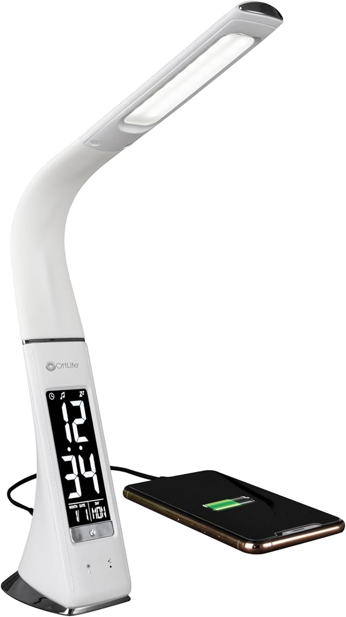 OttLite Thrive LED Sanitizing Desk Lamp with Clock and USB Charging - Eliminates up to 99.9% of Bacteria, Touch Activated, Flexible Neck, Modern Light for Reading, Crafting & Office Desktop