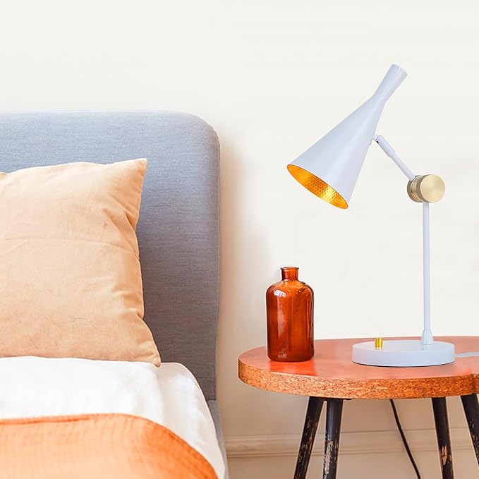 Vintage Industrial Table Lamp for bedroom, Adjustable Dimmable Desk Lamp, Brass Inner Shade Metal Table Lamp for Study, Home Office, Bedside, Nightstand, Reading Lamp Modern Mid-century, White