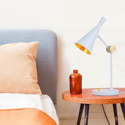 Vintage Industrial Table Lamp for bedroom, Adjustable Dimmable Desk Lamp, Brass Inner Shade Metal Table Lamp for Study, Home Office, Bedside, Nightstand, Reading Lamp Modern Mid-century, White