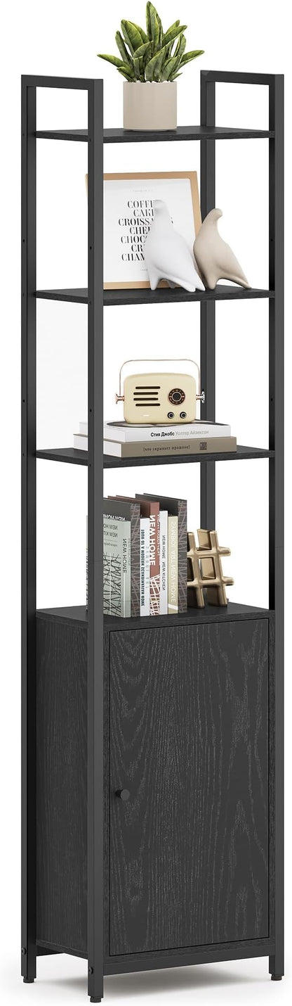 VASAGLE 6-Tier Bookshelf, Tall Bookcase with Door, Steel Frame, Adjustable Shelves, 9.4 x 15.7 x 62.8 Inches, Living Room Bedroom, Ebony Black and Ink Black ULLS132B01