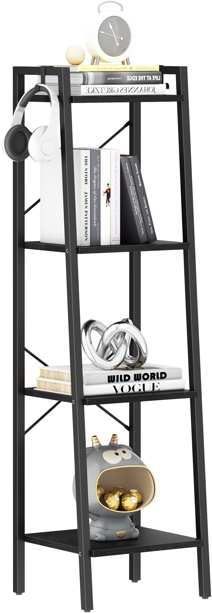 Ladder Shelf, Bookshelf Bookcase, Freestanding Corner Storage Shelve with 2 Hooks for Home Office, Living Room, Kitchen, Bedroom, Industrial, 4-Tier Black BC13204B