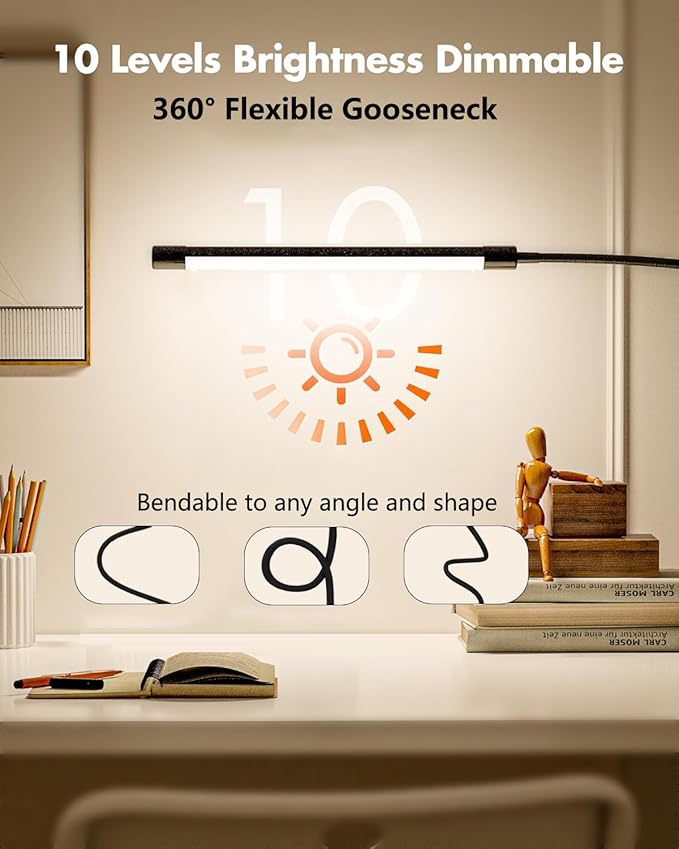 JHD LED Desk Lamp with Clamp - Adjustable 3 Modes, 10 Brightness Levels, USB Eye Caring Flexible Gooseneck Desk Light, Perfect for Home Office, Dorm Room, Bed Headboard,Nail, Clip On Light, Black