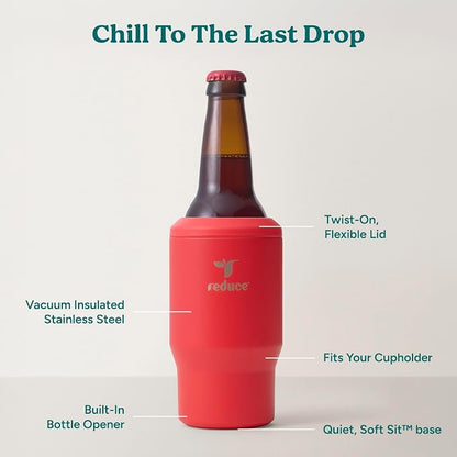 Reduce 4-in-1 Drink Cooler - Versatile Can & Bottle Holder with Vacuum Insulation - Keeps Drinks Cold Up to 4 Hours - Includes Bottle Opener - Fits Cupholders & Dishwasher Safe - 14oz - Rally Red