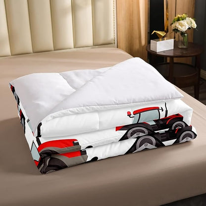 Erosebridal Red Tractor Comforter Set Heavy Equipment Truck Bedding Set for Kids Boys Girls Harvester Tractor Duvet Set King Size Farm Equipment Quilt Set Bedroom Collection 3Pcs Room Decor
