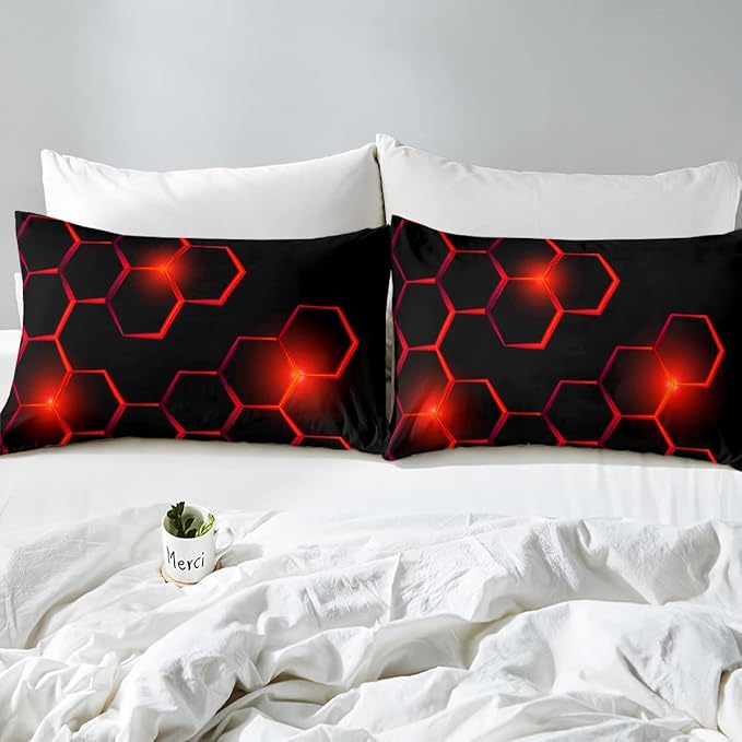 Honeycomb Kids Comforter Set Modern Geometry Hexagon Bedding Set for Boys Teens Decor Geometrical Comforter Beehive Geometric Black Red Duvet Set King Size with 3 Pillow Case Boys