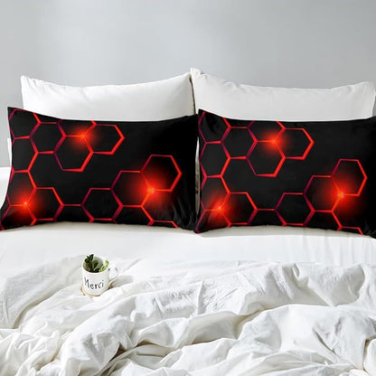 Honeycomb Kids Comforter Set Modern Geometry Hexagon Bedding Set for Boys Teens Decor Geometrical Comforter Beehive Geometric Black Red Duvet Set King Size with 3 Pillow Case Boys