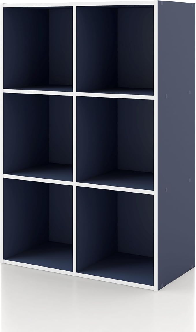 Apexa 6 Cube Storage Organizer Shelves, Stackable Wood Bookcase Fits Cubby Bins for Organization, Dorm Teen Room Decor & Home Office, Steel Blue