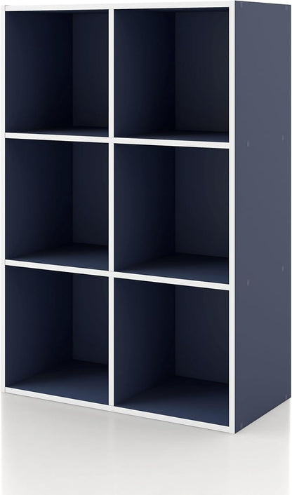 Apexa 6 Cube Storage Organizer Shelves, Stackable Wood Bookcase Fits Cubby Bins for Organization, Dorm Teen Room Decor & Home Office, Steel Blue